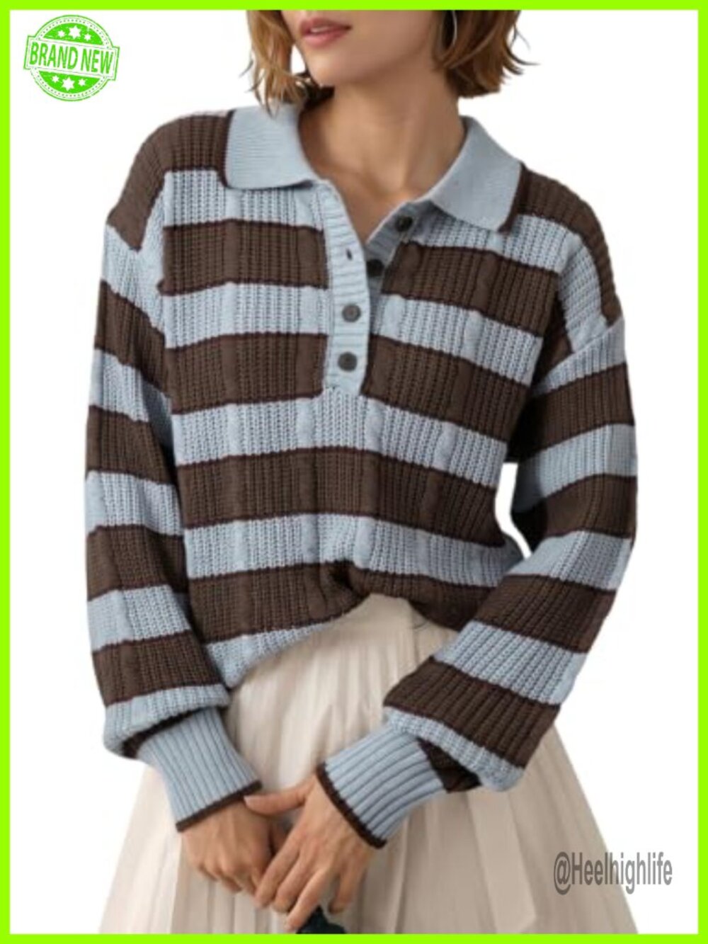 Dokotoo Cable Knit Button Polo Collar Loose Fit Pullover Sweater
